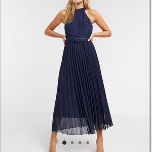 Navy Blue Pleated Halter Dress